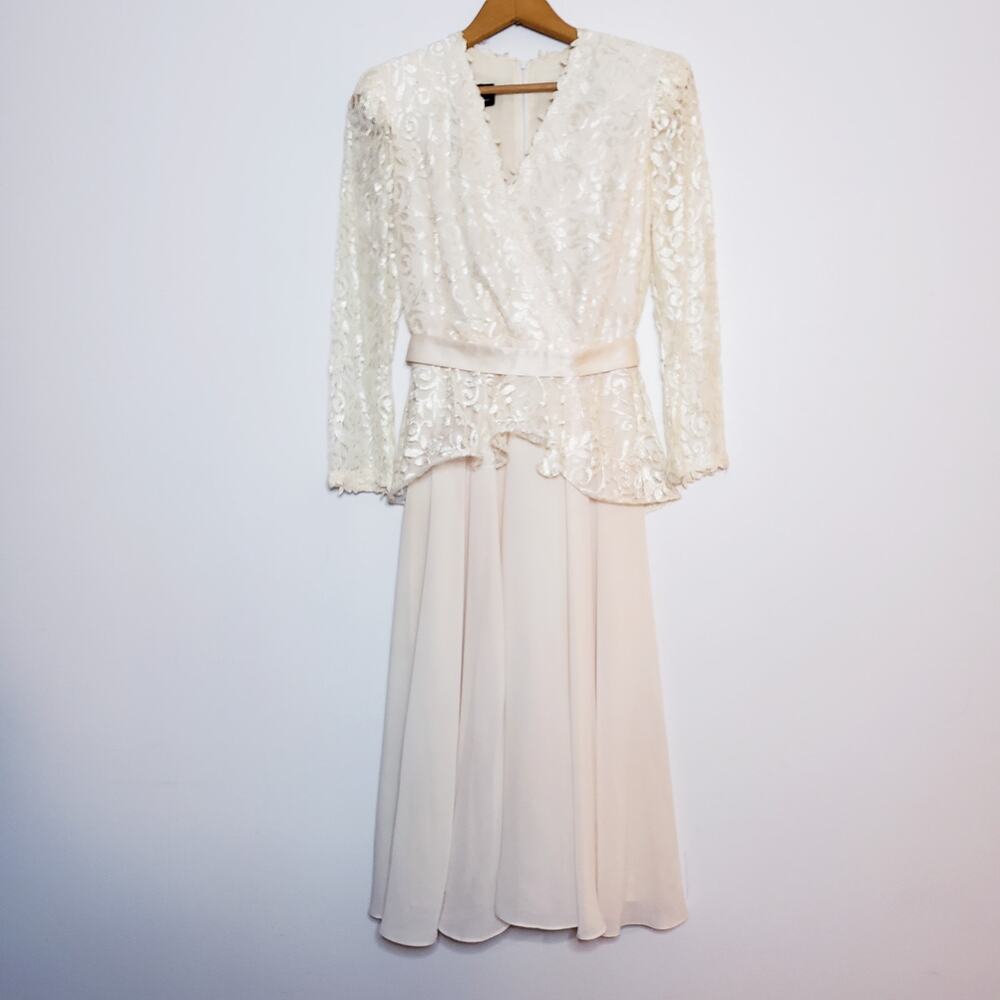 Vintage Ursula of Switzerland Lace Belted Long Sleeve Champagne Wedding Dress 2P